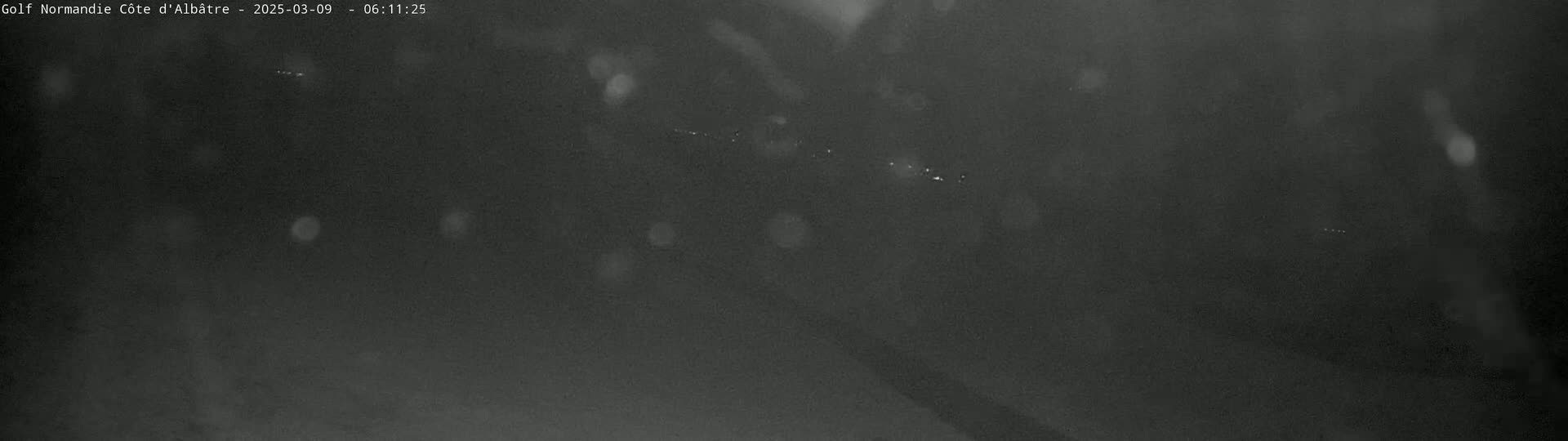 A nighttime, blurry image shows a dark, possibly overcast scene with faint lights in the distance.