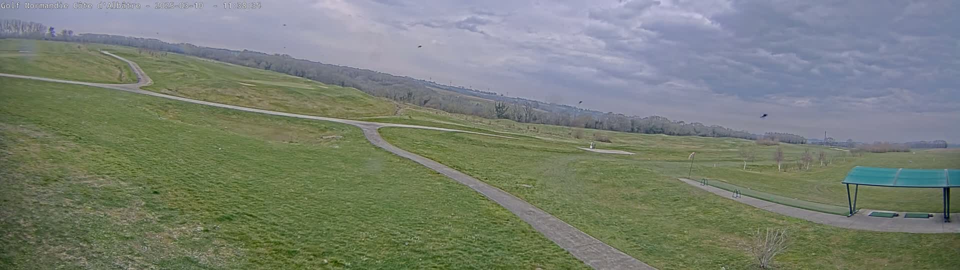 A golf course with paved pathways under a cloudy sky.