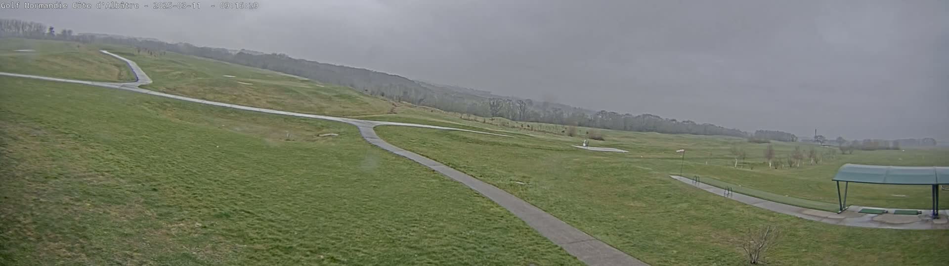 A golf course with a paved path under an overcast sky.