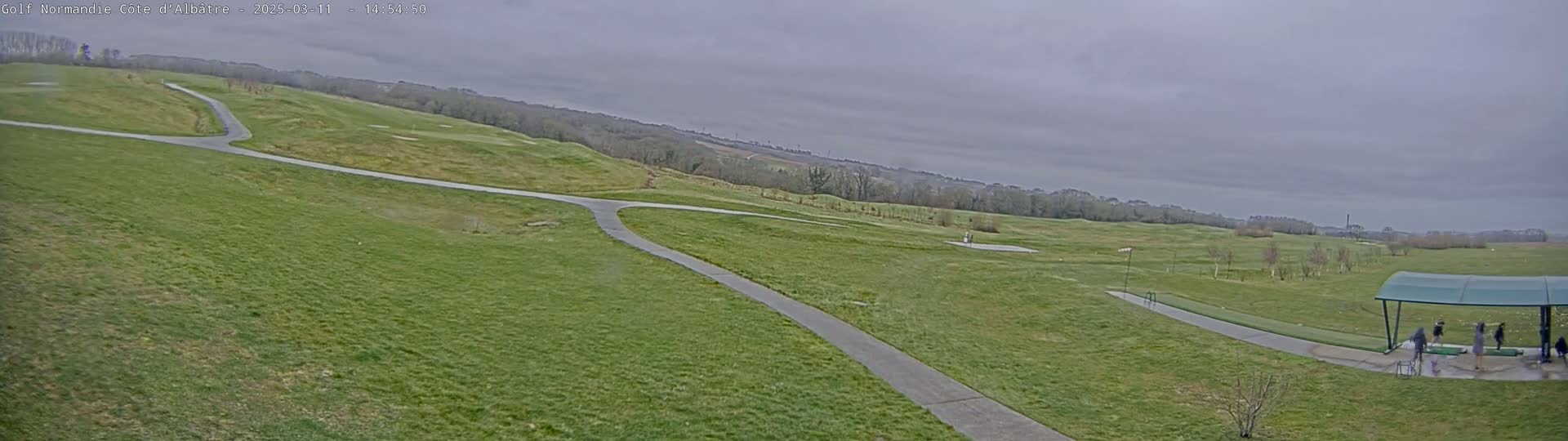 A golf course with paved pathways under an overcast sky.
