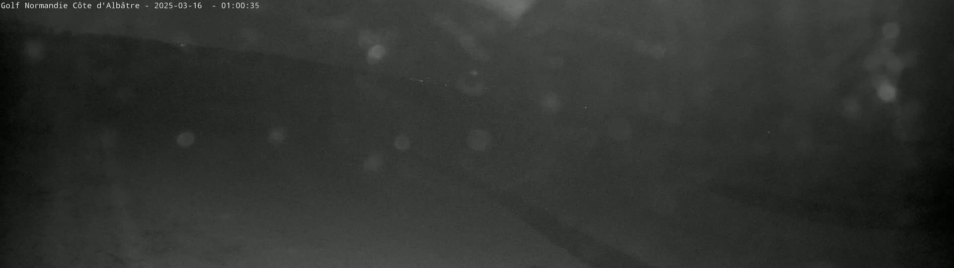 A dark, blurry, nighttime scene with light snow or precipitation falling.
