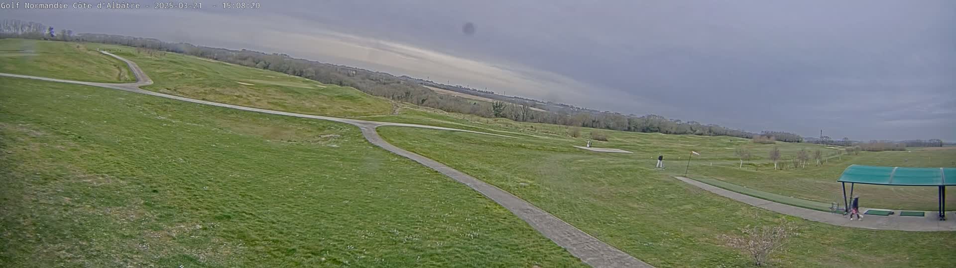 A golf course with paved pathways under an overcast sky.