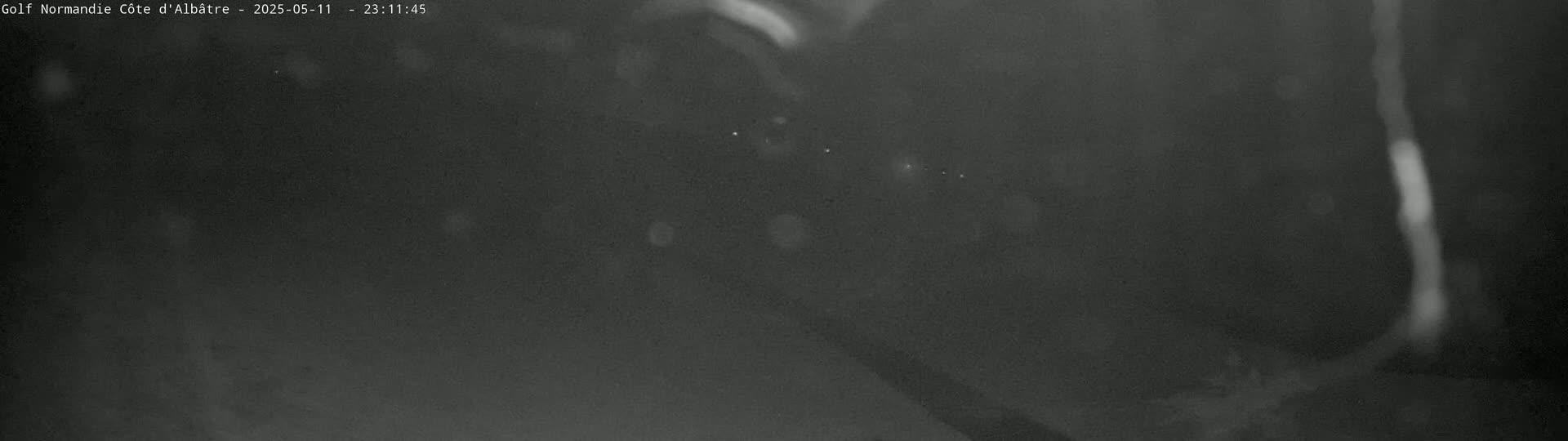 A blurry, dark grayscale image shows a few indistinct lights in the distance at night.