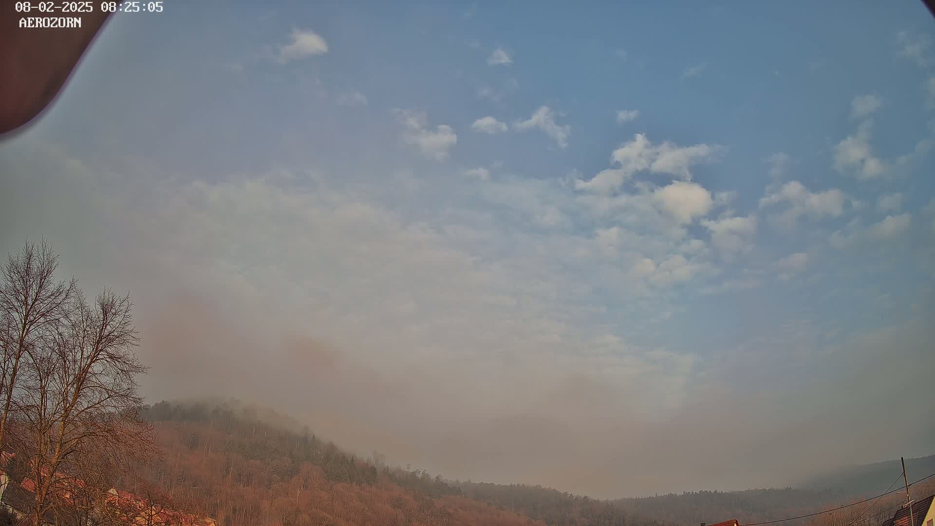 A hazy sky with scattered clouds hangs over a line of bare, winter trees and hills shrouded in a smoky fog.