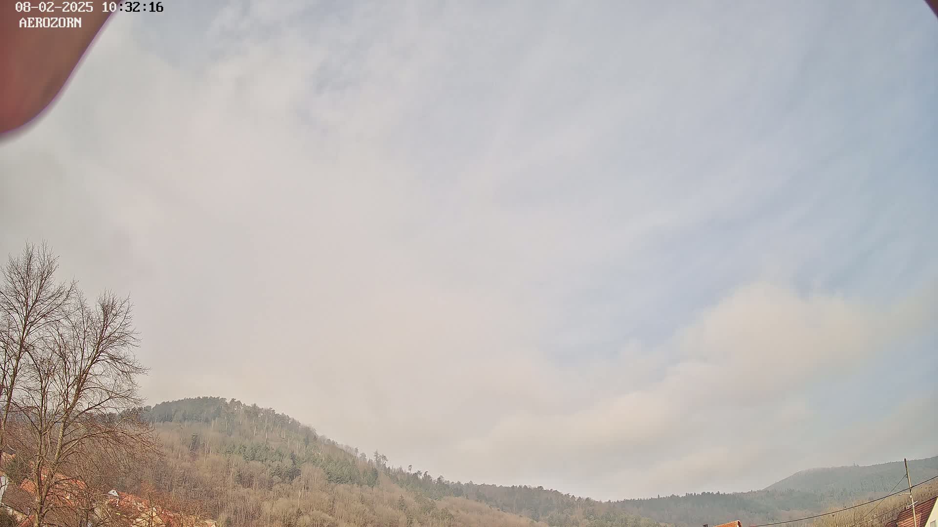 A mostly cloudy sky hangs over a line of leafless trees and hills.