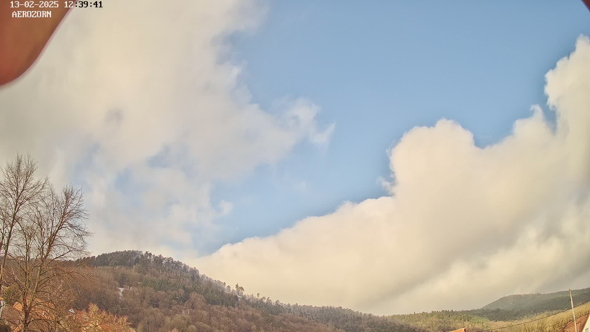 Large, fluffy white clouds partially cover a mostly blue sky above a line of bare, snow-dusted trees on a hillside.