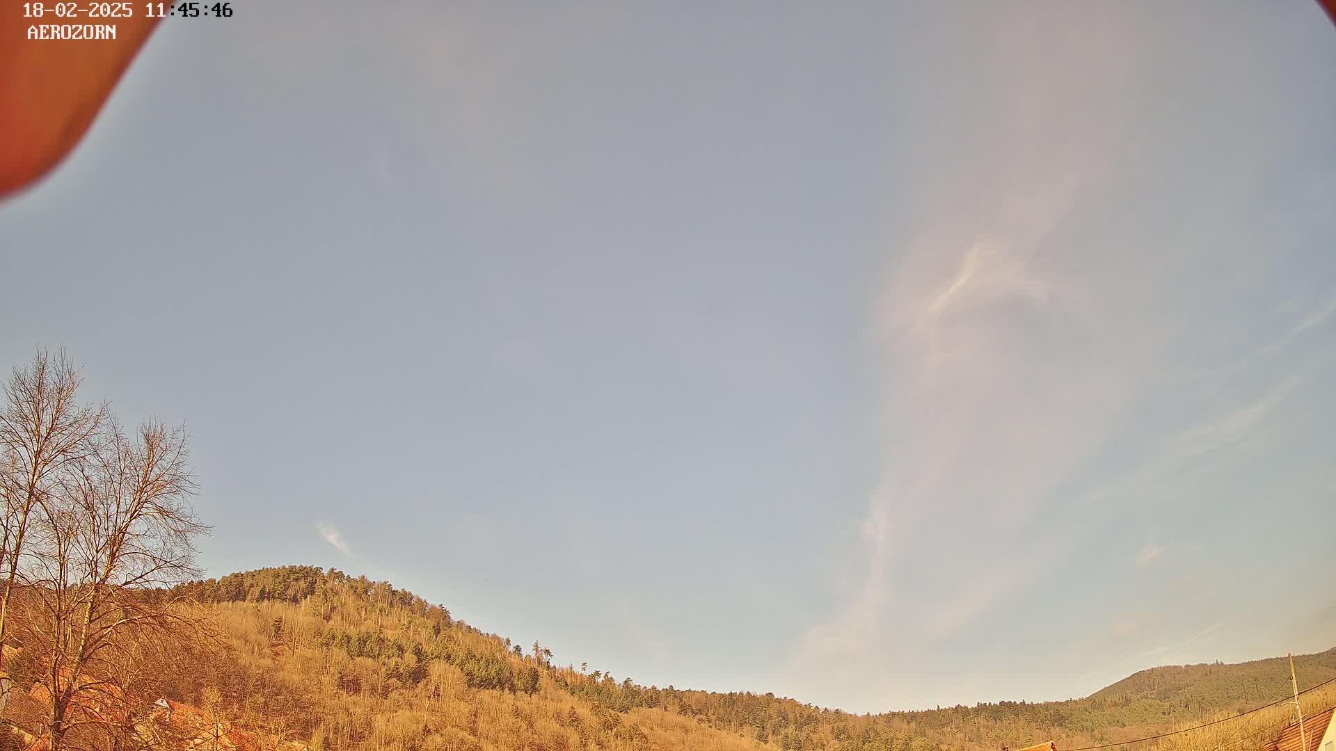 Under a mostly clear, pale blue sky with wispy clouds, a hillside covered in bare, brown trees stretches across the bottom of the image.