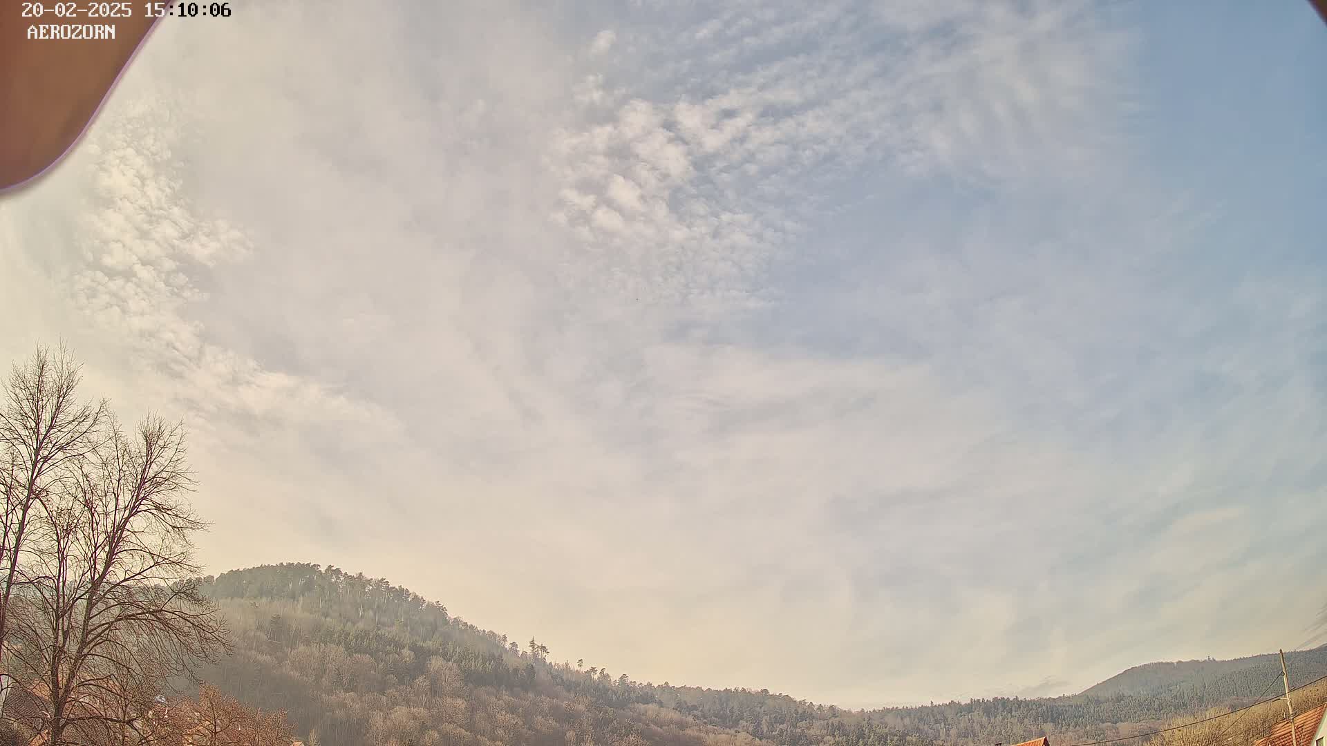A mostly cloudy sky with wispy clouds hangs above a line of bare, winter trees and hills.