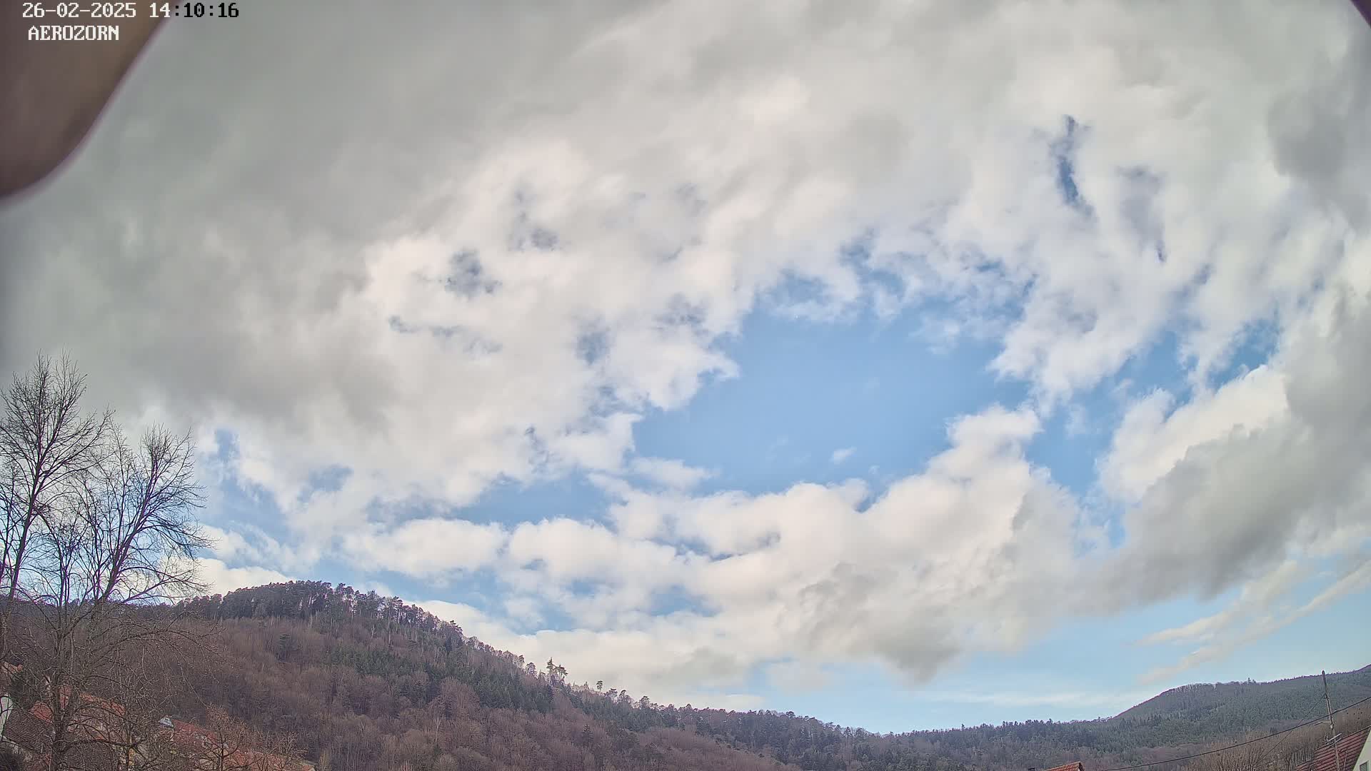 A mostly cloudy sky with patches of blue is visible above a line of bare, deciduous trees on hills.