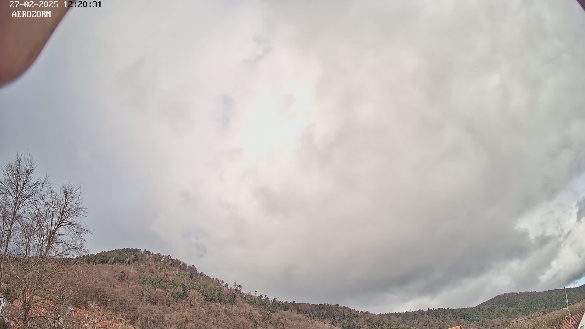 A mostly cloudy sky hangs over a low line of bare, winter trees and hills.