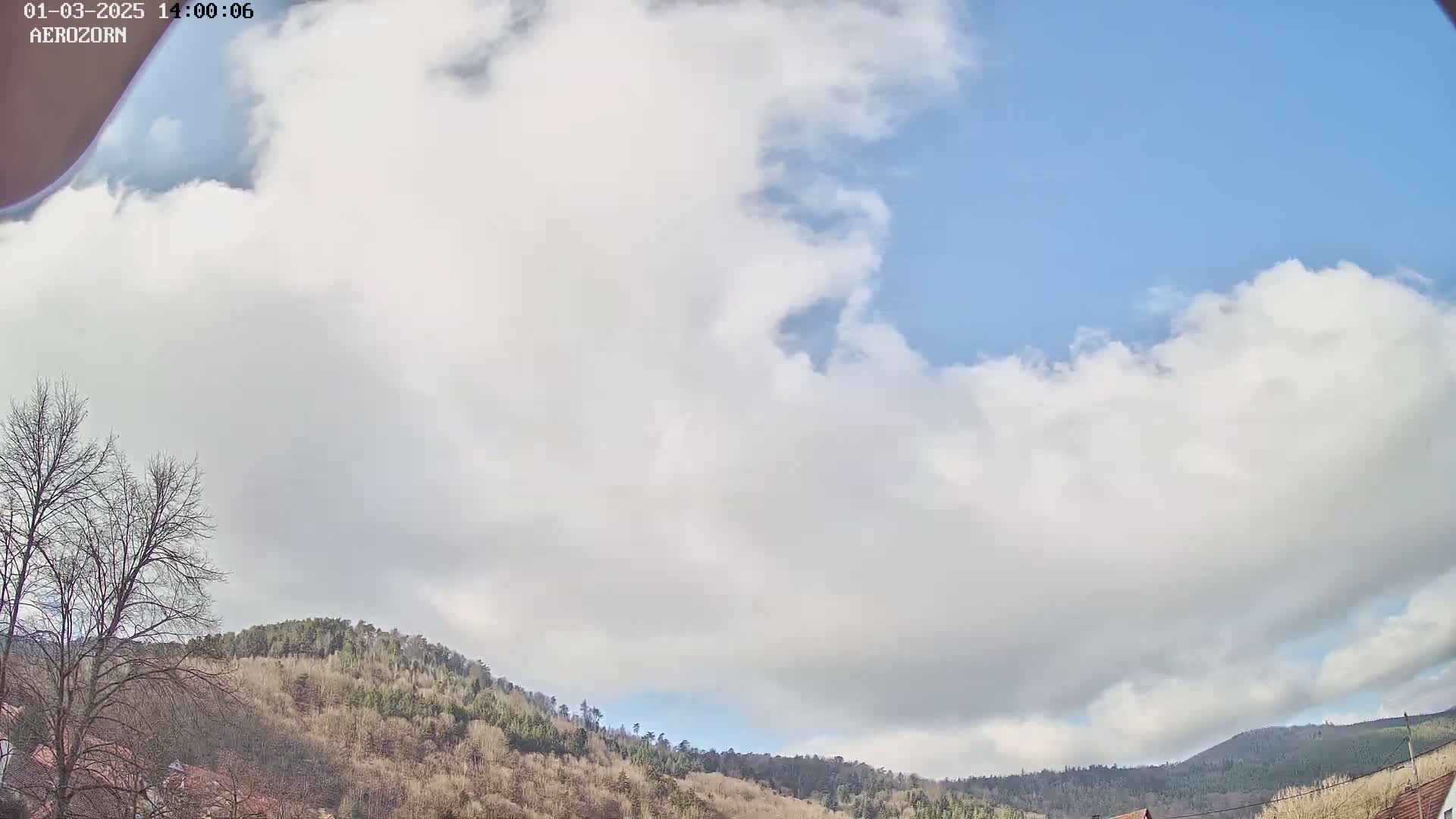 A mostly cloudy sky with patches of blue, overlooks a line of bare deciduous trees atop a low hill.