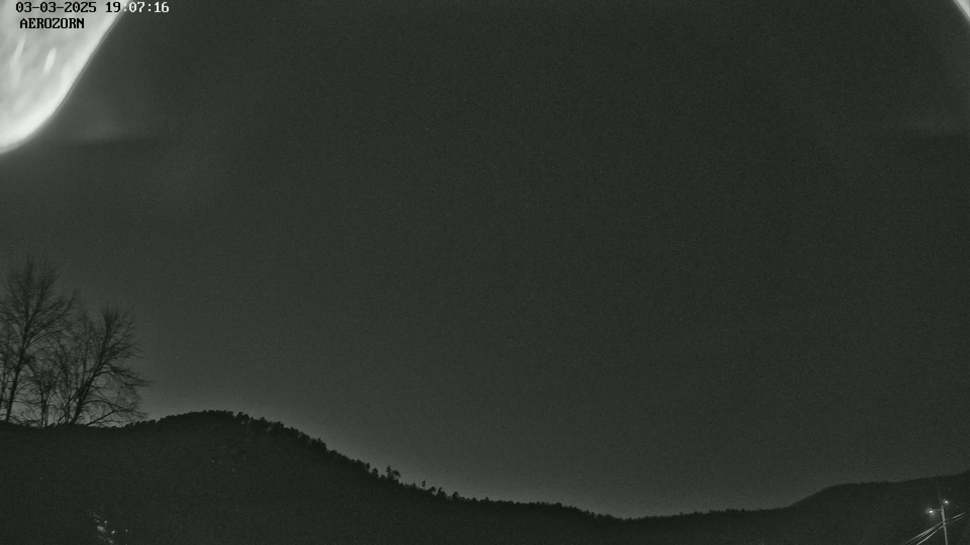 A nighttime, low-light image shows a faint aurora borealis in the sky above a dark silhouette of trees and hills.