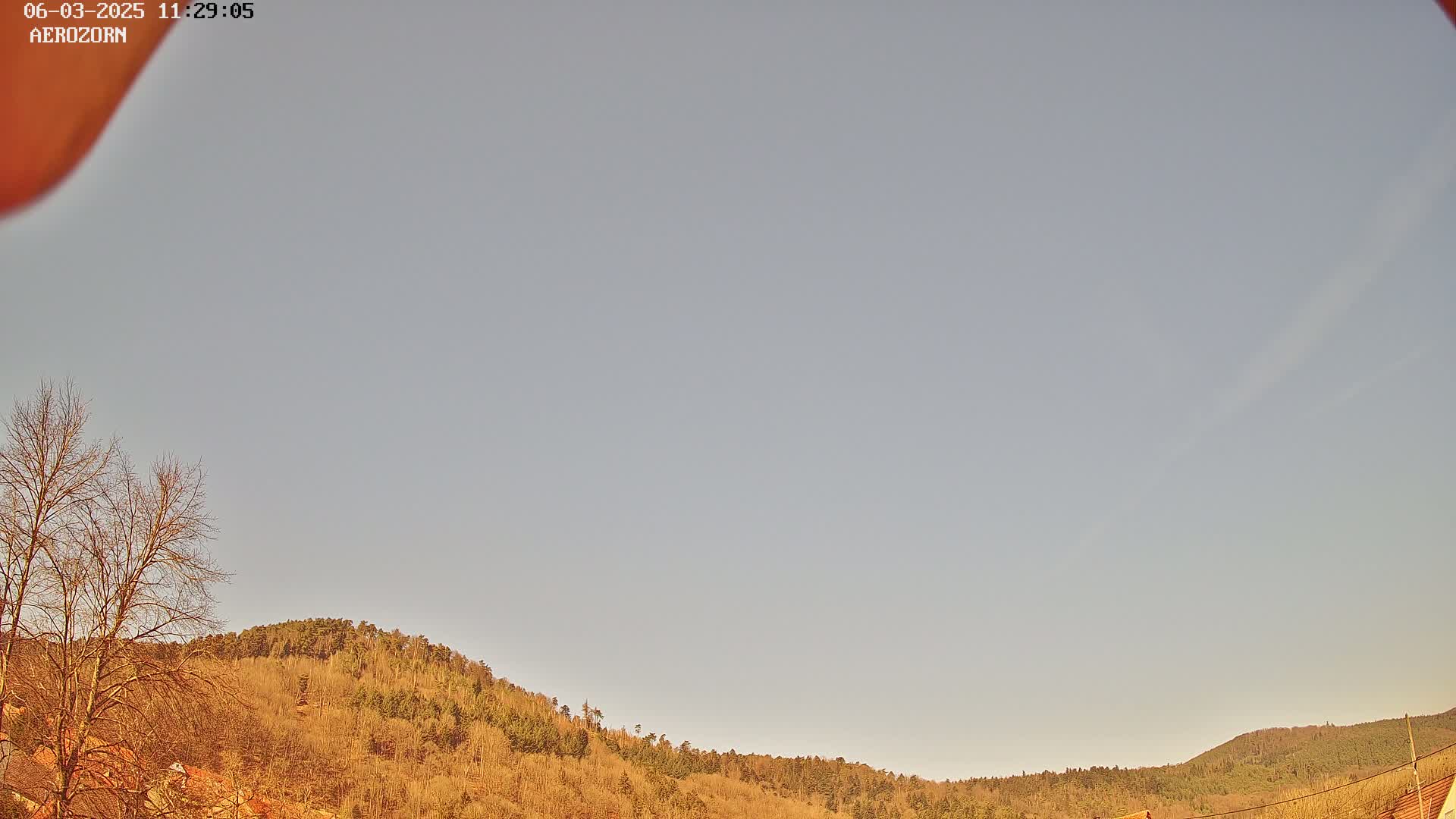 A mostly clear sky is visible above a gently sloping line of bare, brown trees and hills.