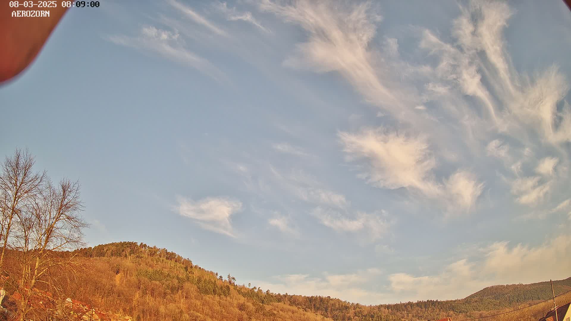A mostly clear sky with wispy clouds above a line of bare, brown trees and hills.