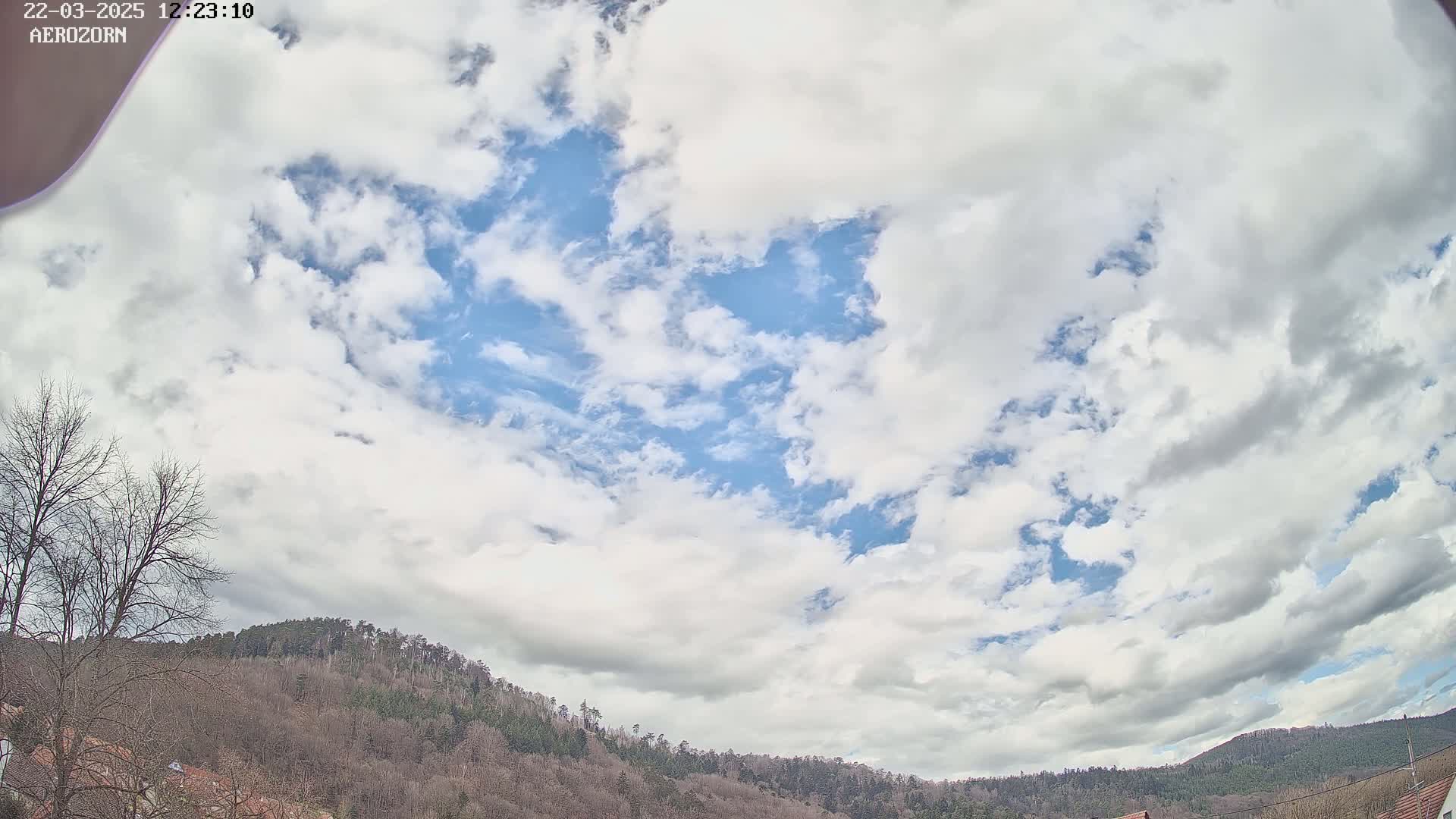 A mostly cloudy sky with patches of blue is visible above a line of bare, deciduous trees and hills.