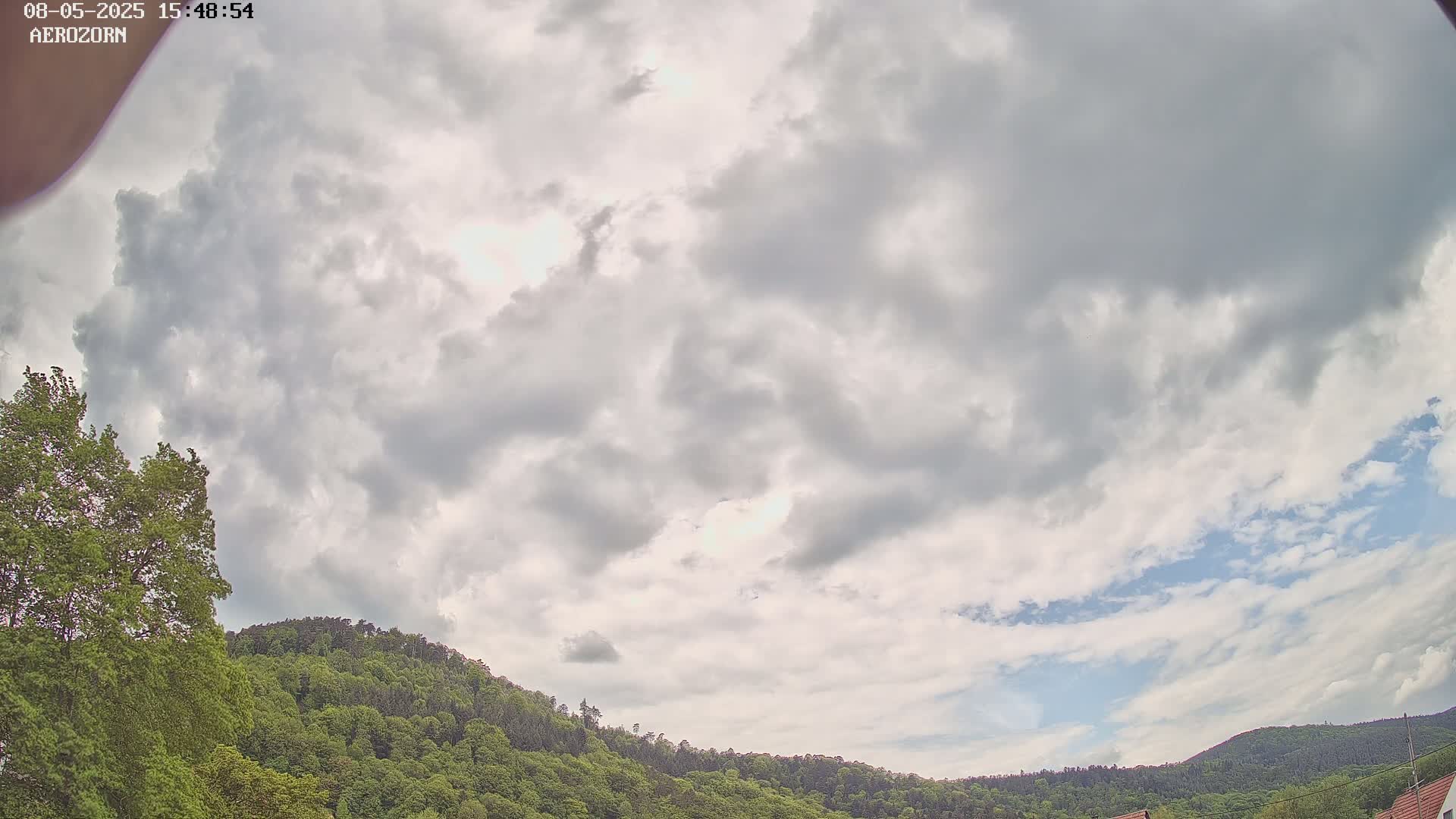 A mostly cloudy sky hangs over a lush green hillside.