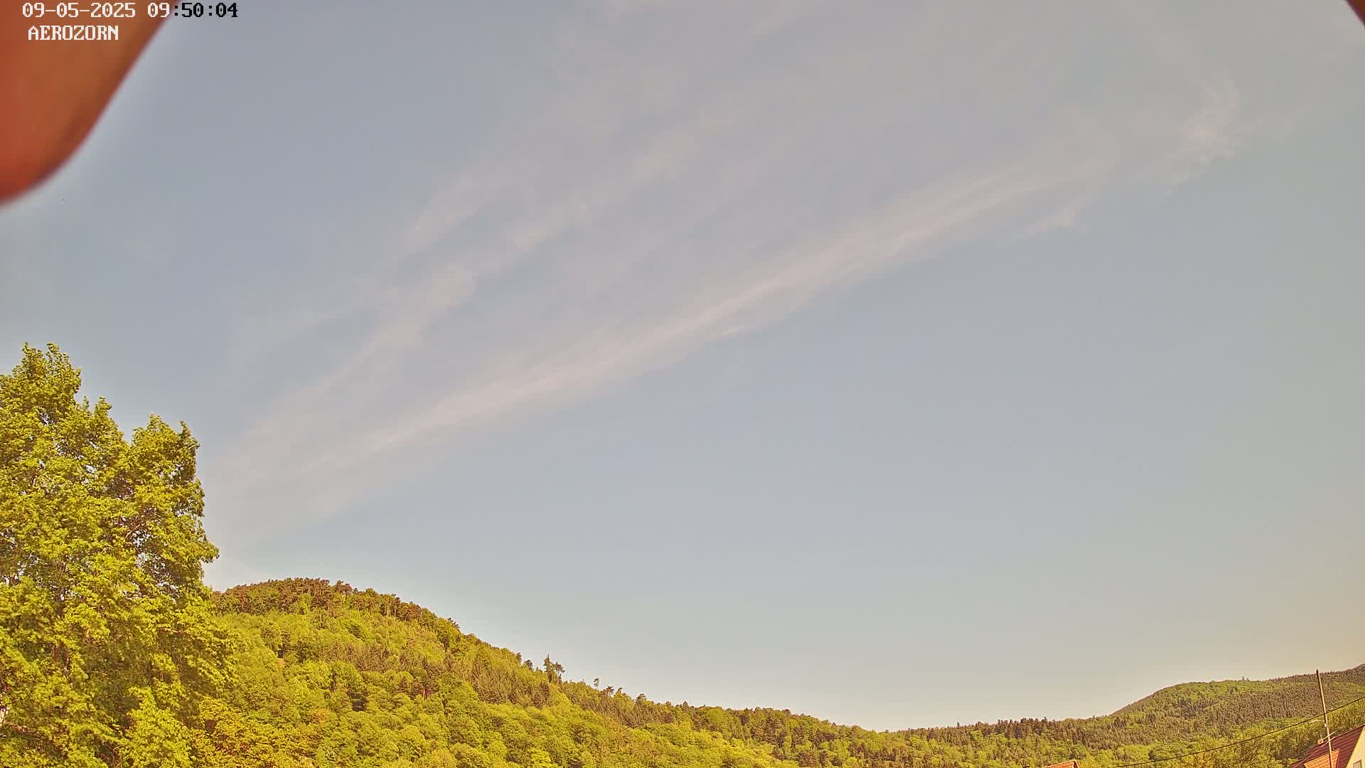 A mostly clear, light-blue sky with thin, wispy clouds above a lush green hillside.