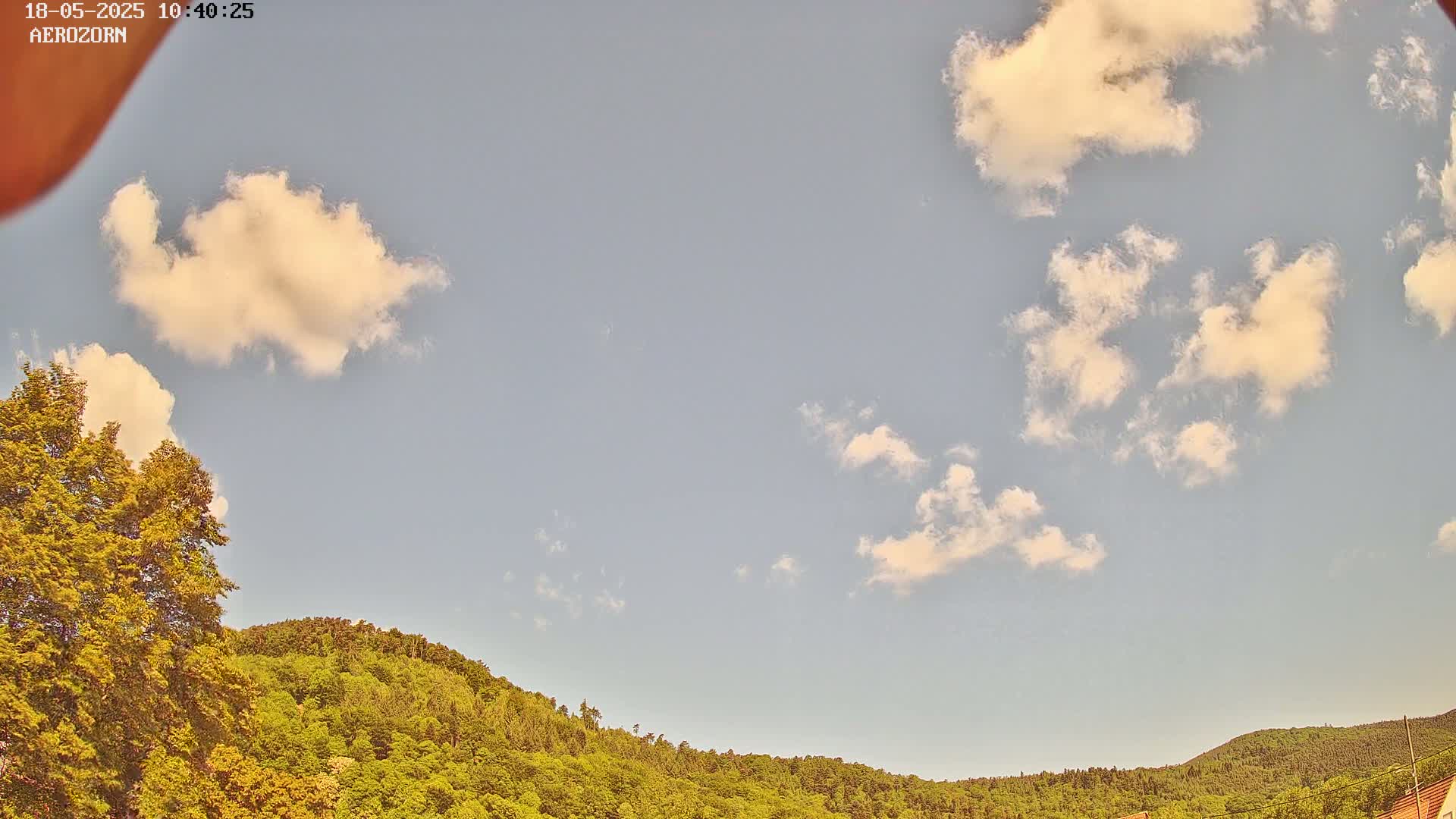 A mostly clear sky with fluffy white clouds floats above a lush green hill.