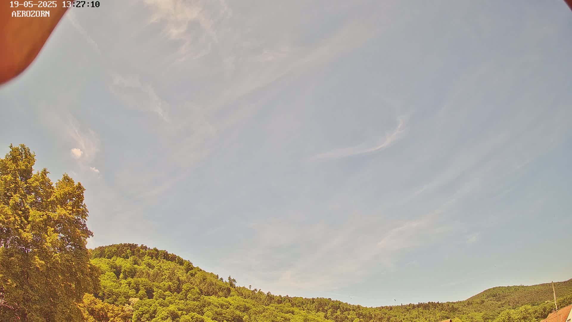 A partly cloudy sky overlooks a gently sloping hillside covered in lush green trees.