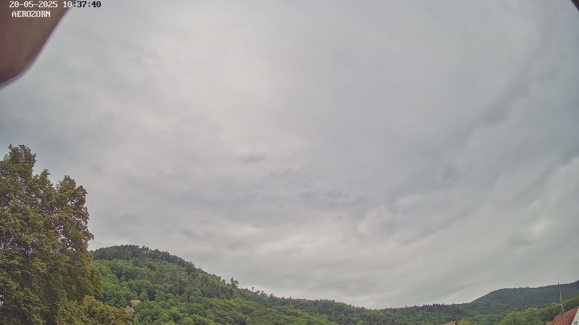 A mostly cloudy sky hangs over a lush green hillside.