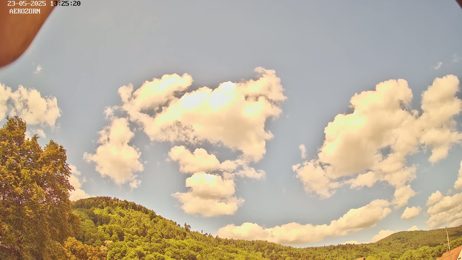 A partly cloudy sky with puffy white clouds above a lush green hill.