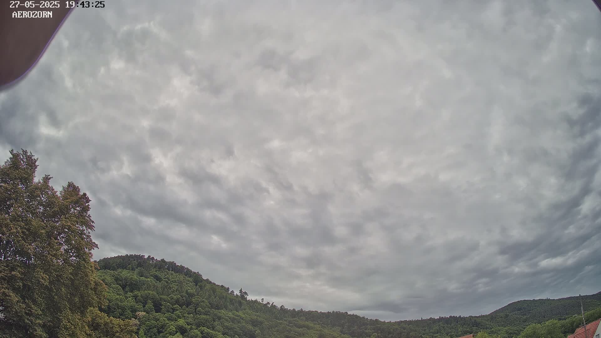 A mostly cloudy sky hangs over a line of dark green, tree-covered hills.