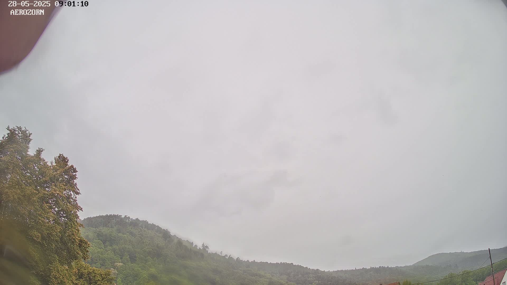 A mostly cloudy, overcast sky hangs over a low, gently sloping line of green hills and trees.