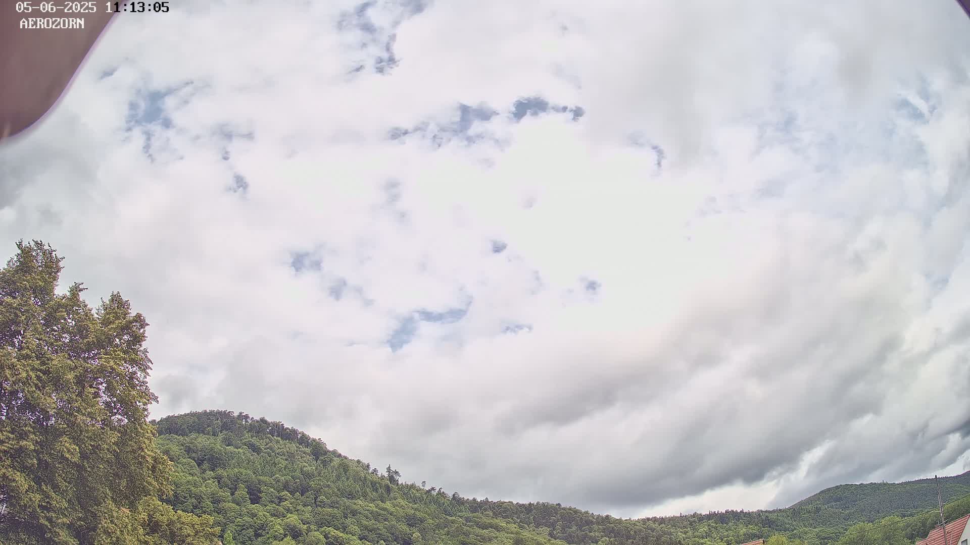A mostly cloudy sky hovers over a lush green, tree-covered hillside.