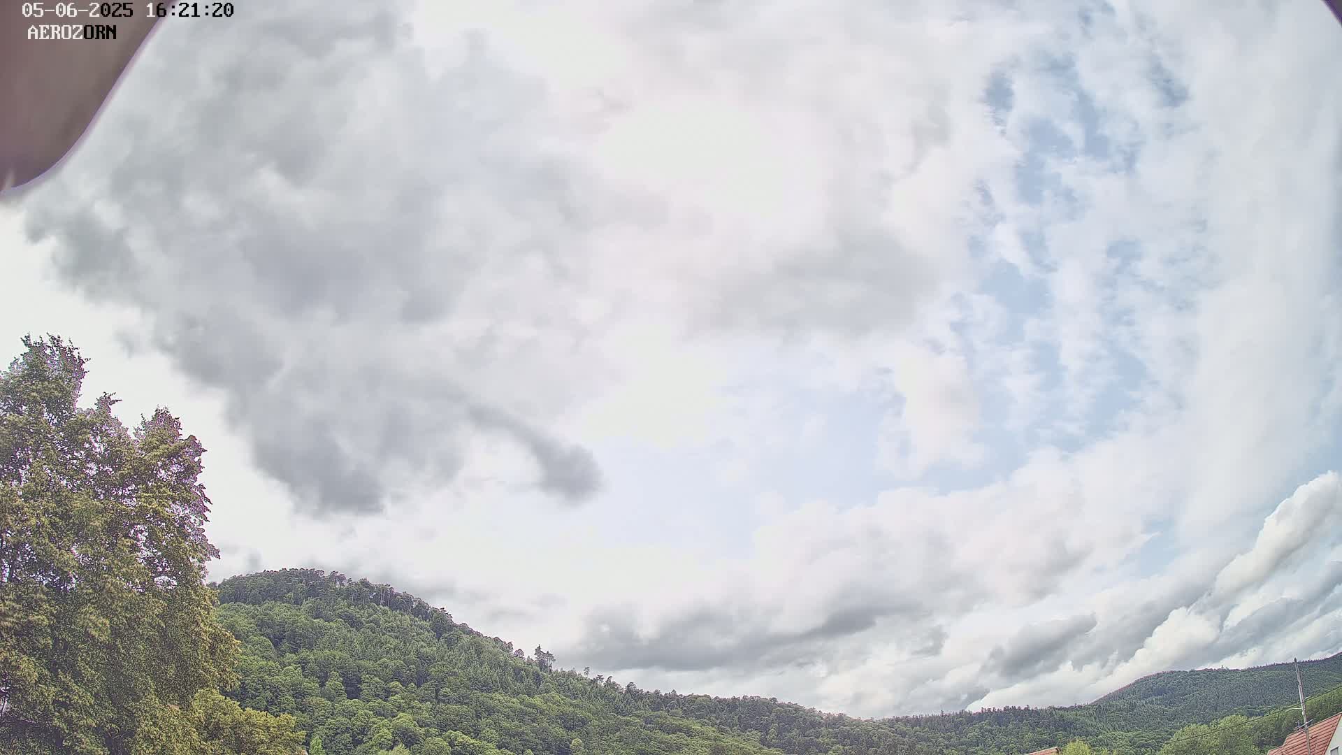 A mostly cloudy sky hangs over a lush green, rolling hill covered in trees.
