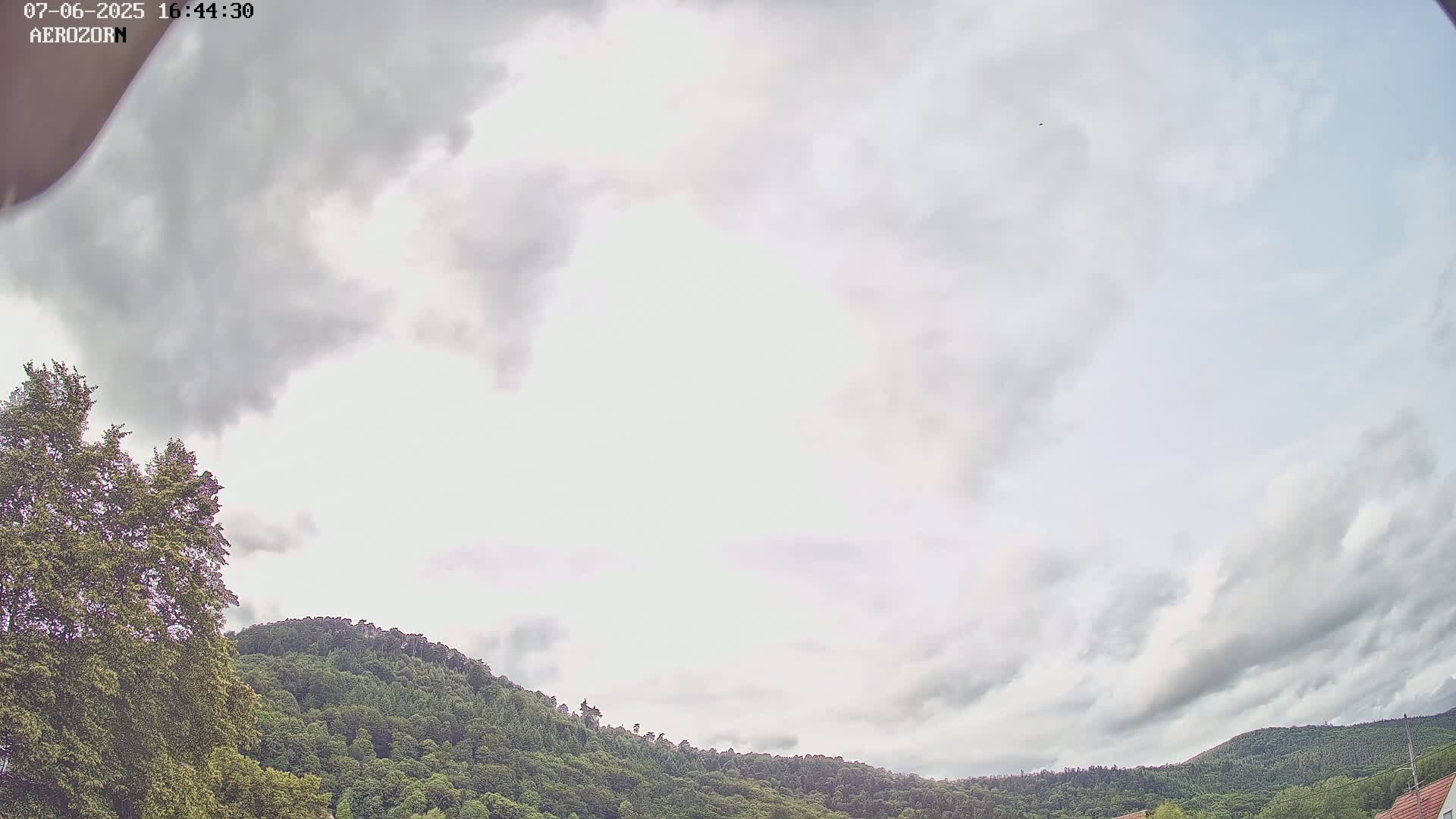 A mostly cloudy sky overlooks a lush green hill covered in trees.