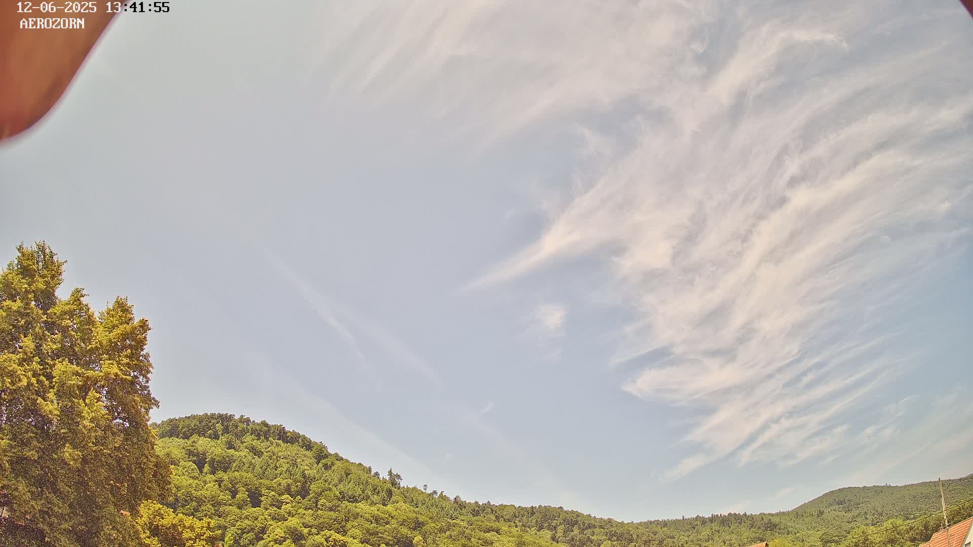 A mostly clear sky with wispy cirrus clouds over a green, tree-covered hill.