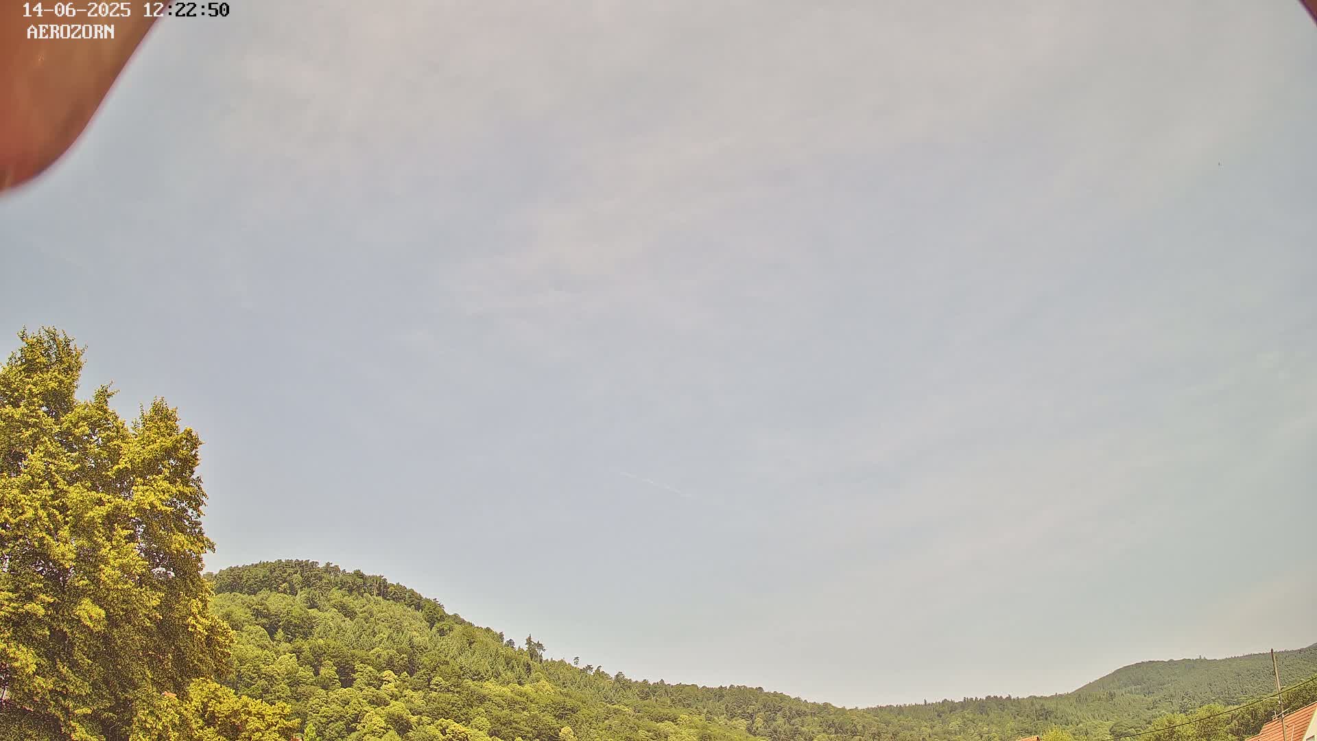 A mostly clear sky overlooks a lush green hillside under a pale sky.