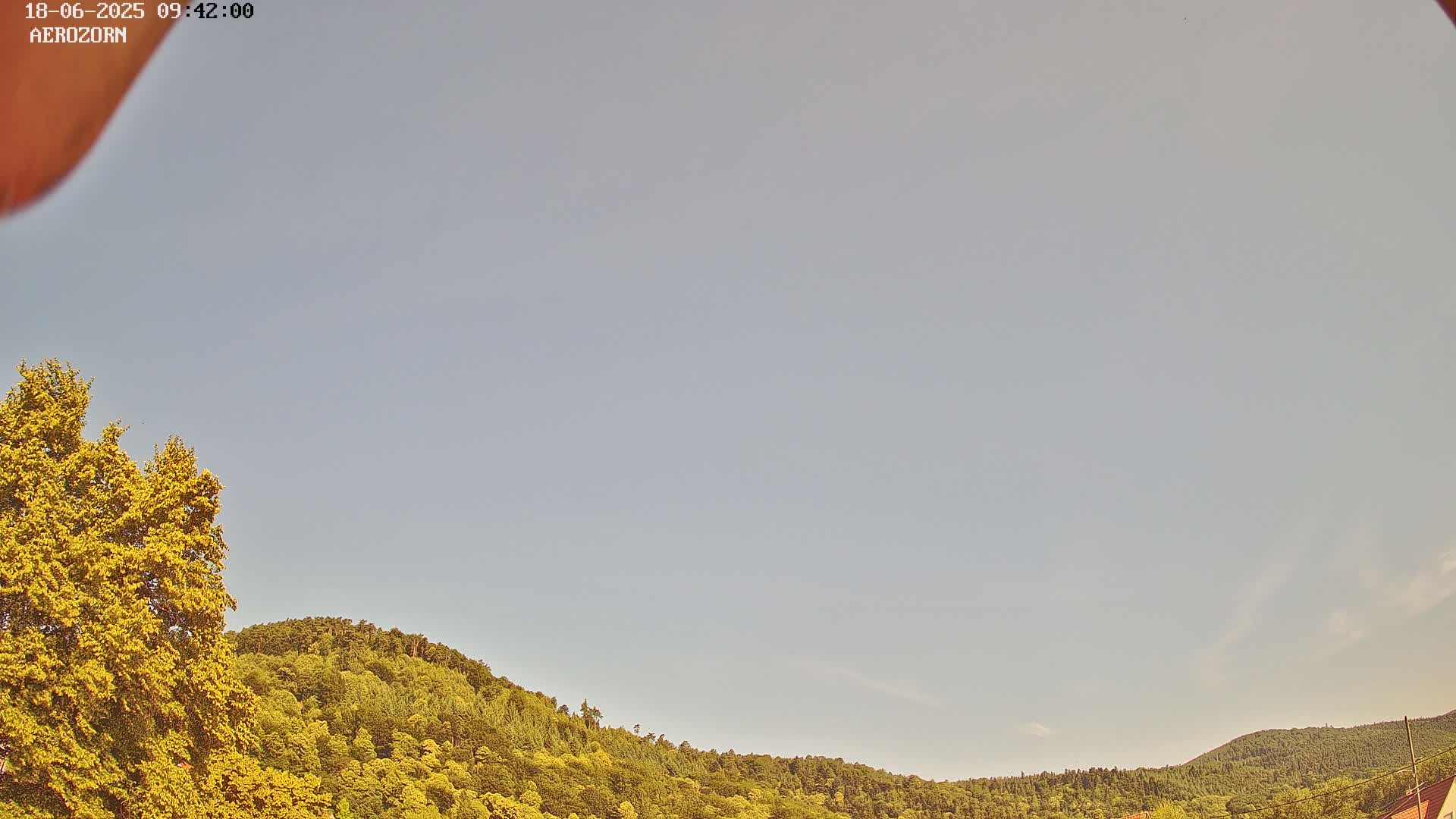 A mostly clear sky is visible above a gently sloping hillside covered in lush green and yellow-green trees.