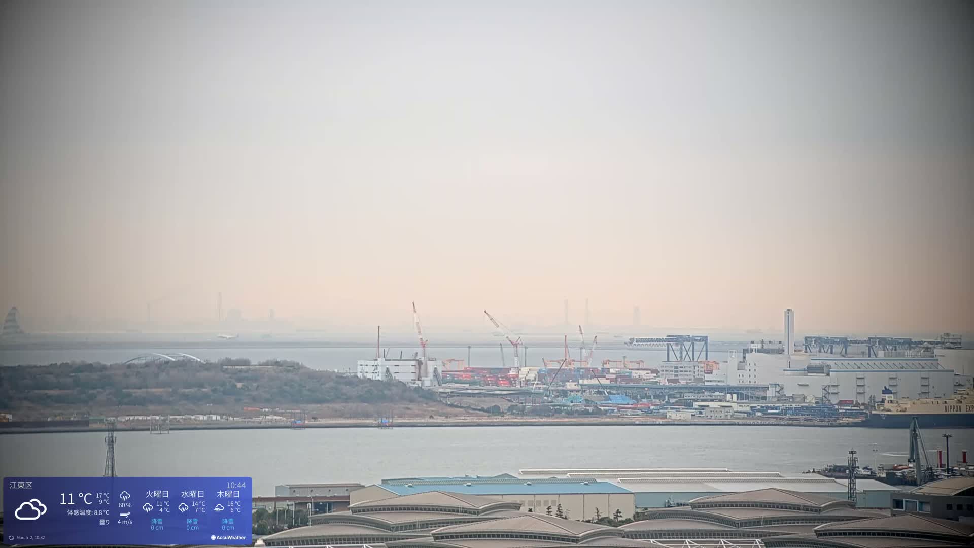 Tokyo Bay ( 東京都江東区有明から東京湾と羽田空港の飛行機観察 ) Haneda Airport Plane Spotting HND/RJTT from Ariate, Koto-ku, Tokyo Live Cam - 1 Chome, Ariake, Koto-ku, Tokyo, Kantō, Honshu, Japan
