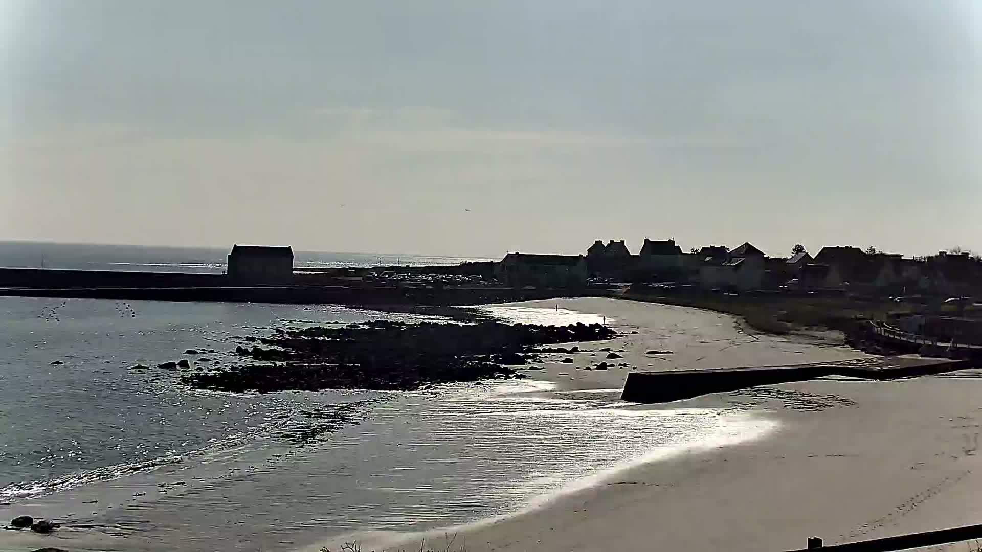A sandy beach with calm water laps at a rocky shoreline, beside which sits a small village under a bright, clear sky.