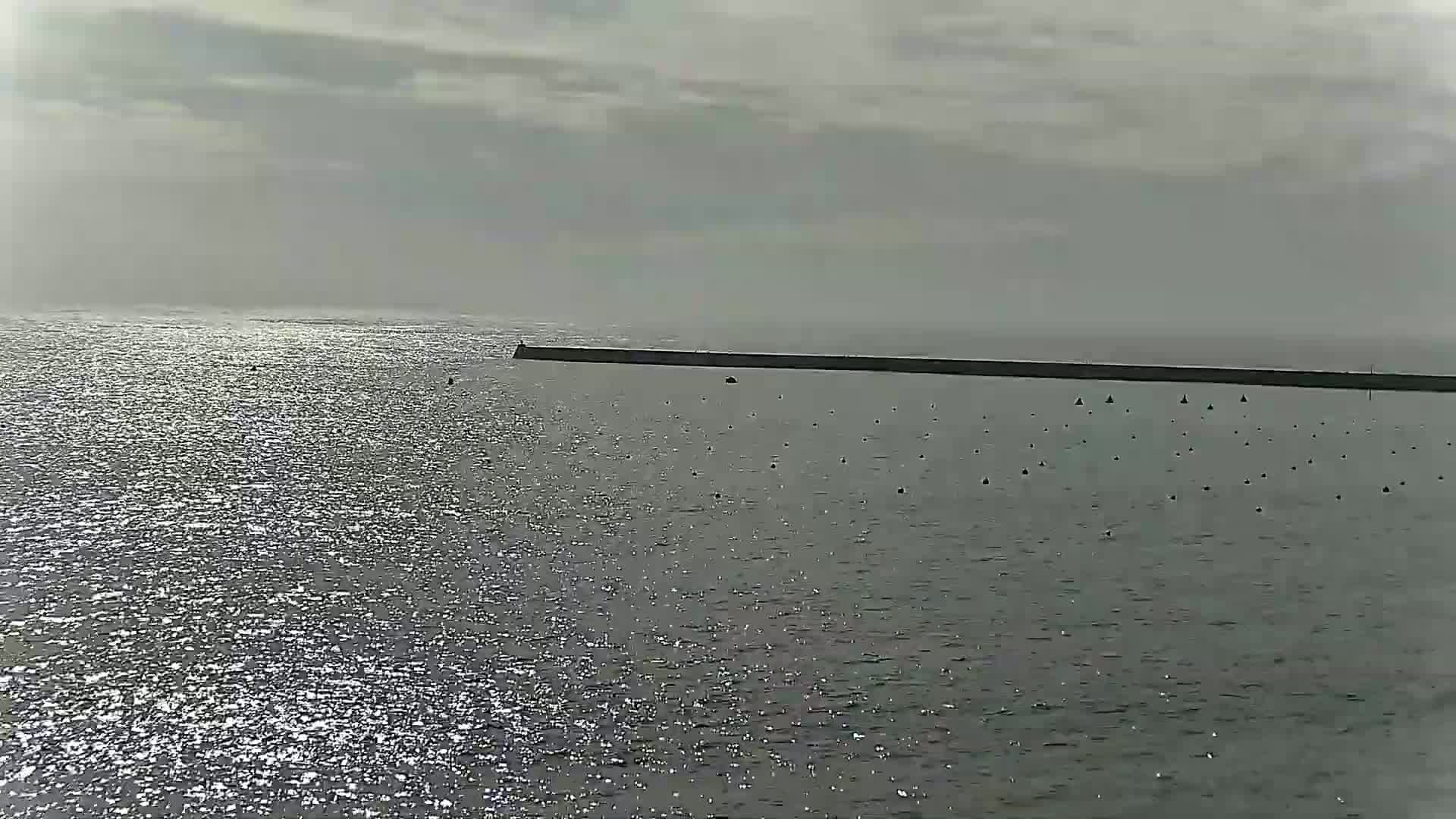 A long, dark breakwater stretches across a calm, glistening sea under a cloudy sky.