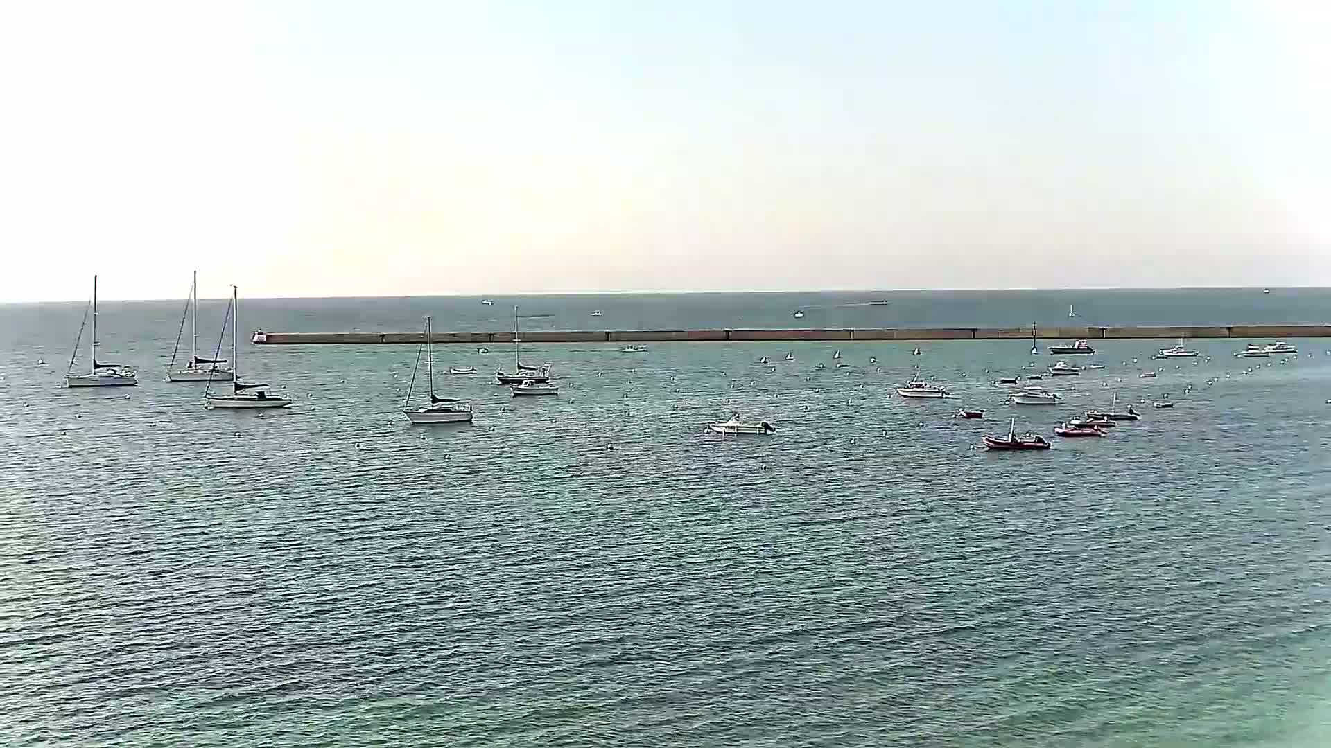 Numerous sailboats and motorboats are moored in a calm body of water behind a long, low seawall on a bright, mostly clear day.