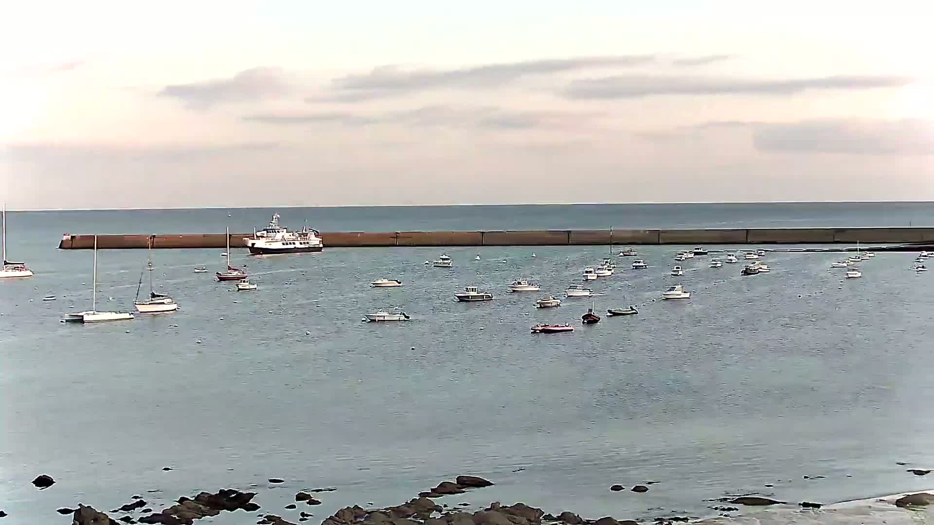 A calm, overcast day shows a harbor with numerous small boats and a larger ferry docked behind a seawall.