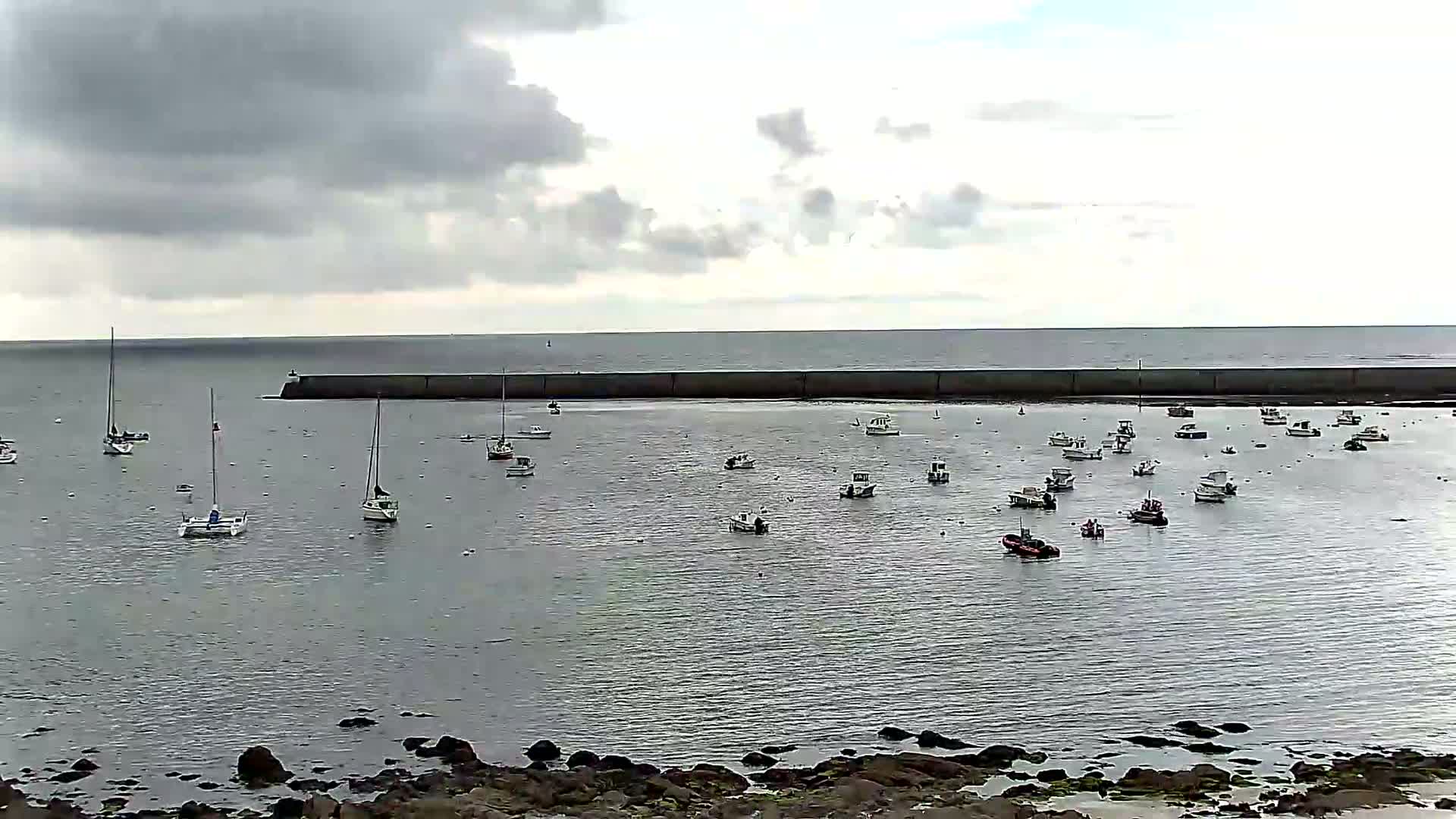 Numerous small boats are moored in a calm harbor protected by a long, low seawall under a cloudy sky.