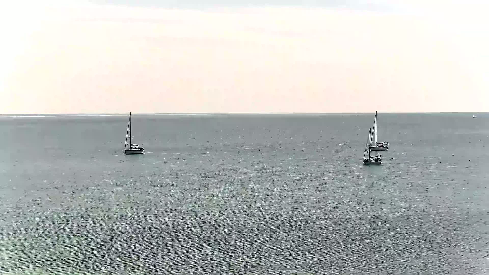 Three sailboats are visible on a calm, gray sea under a pale sky.