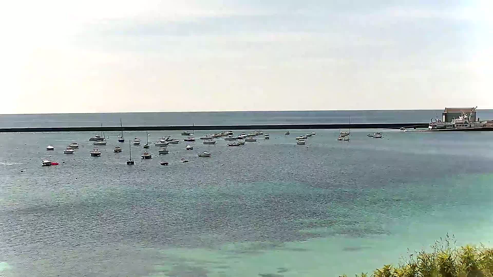 Numerous small boats are moored in a calm, light-green body of water, partially enclosed by a seawall, with a larger building visible in the distance on a partly cloudy day.