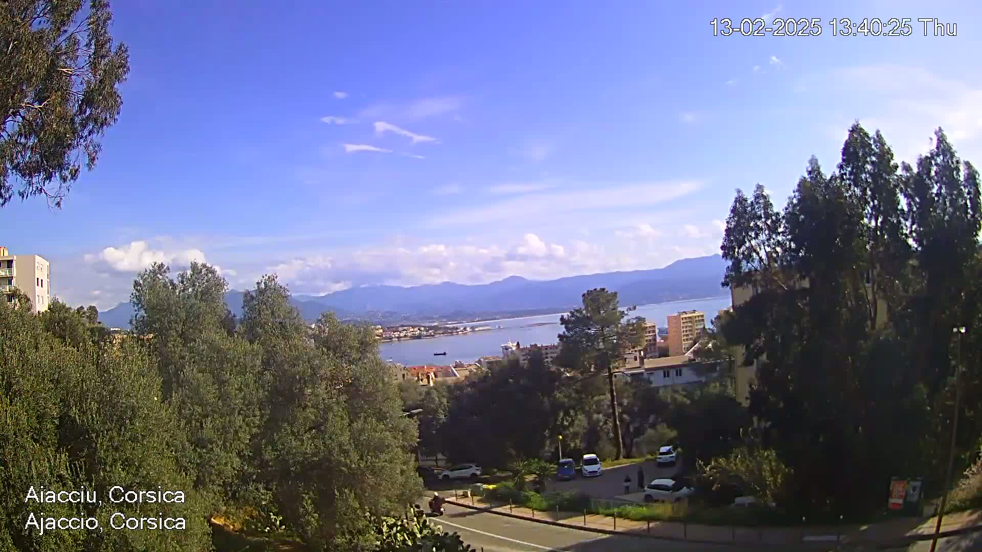 A partly cloudy day overlooks a coastal town with a calm body of water, mountains in the distance, and a parking lot with several cars.
