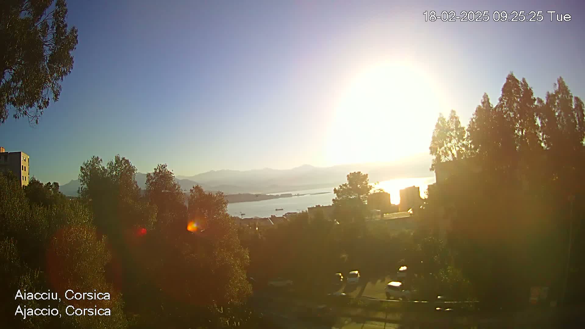 A bright, sunny day overlooks a calm body of water, mountains in the distance, and a residential area with trees and parked cars.