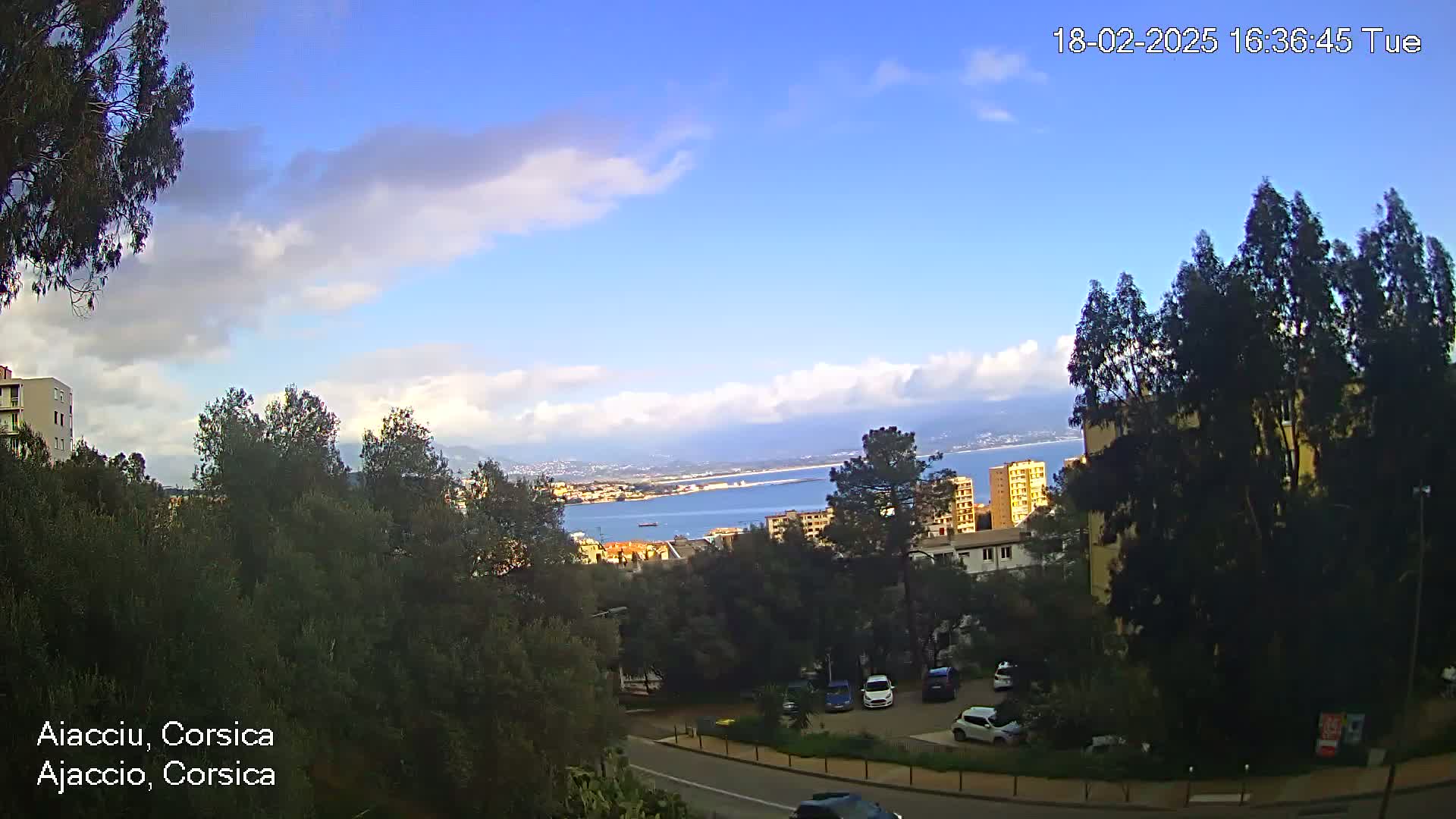A partly cloudy daytime view overlooking a coastal city with a parking lot and several buildings nestled among dark green trees.
