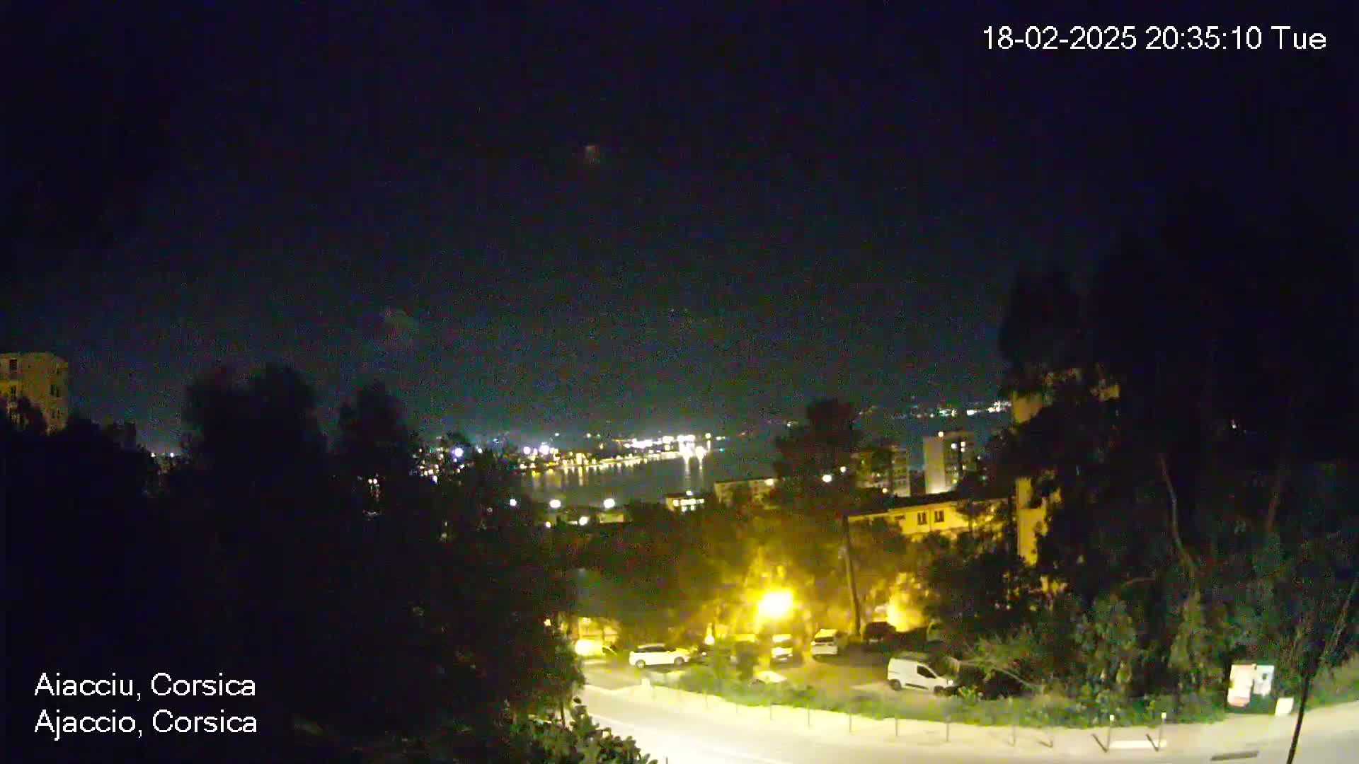 A nighttime view of a city overlooking a body of water, with some streetlights illuminating a road and parked cars.