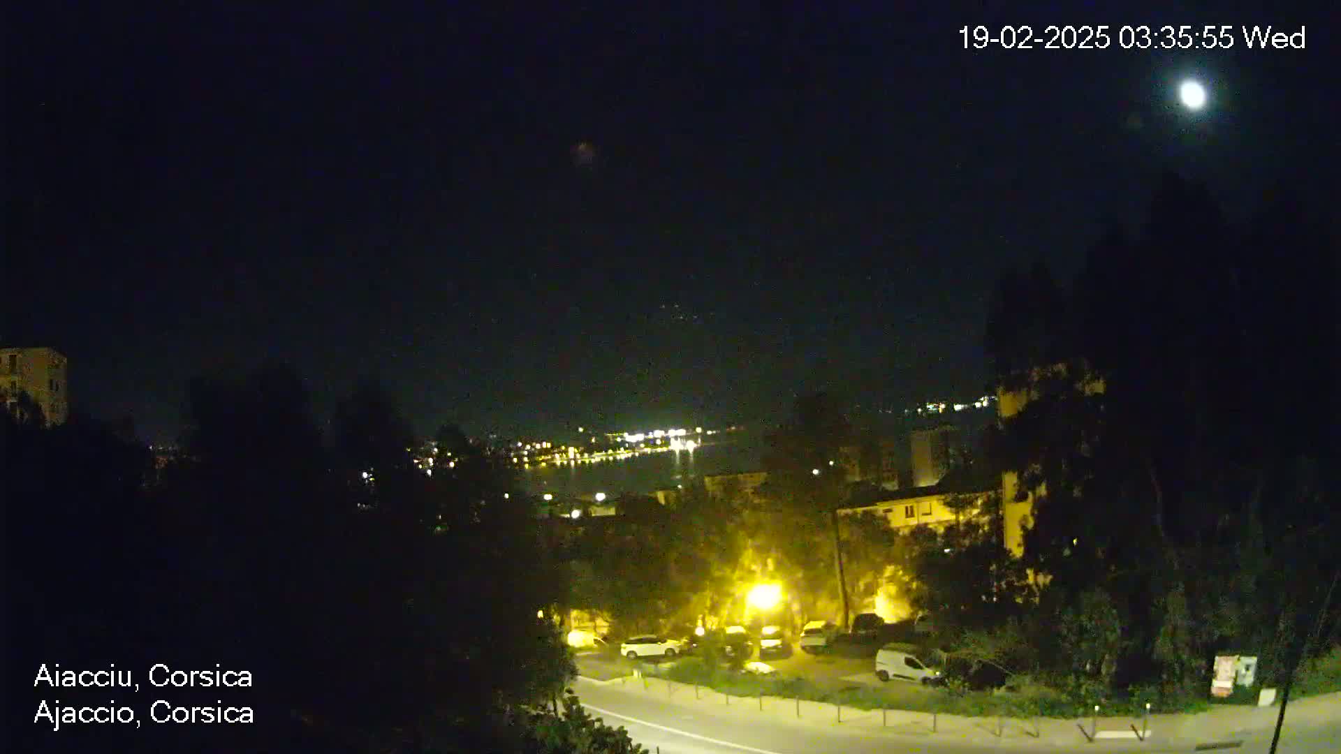 A nighttime view of a city illuminated by streetlights and distant lights across a body of water under a bright moon.