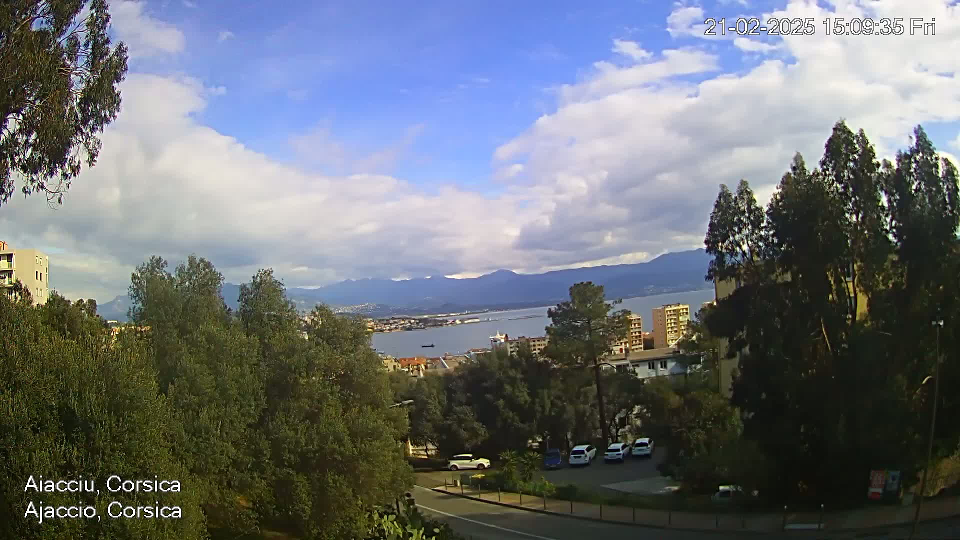 A partly cloudy day reveals a coastal city with a harbor and mountains in the distance, viewed from a hillside vantage point.