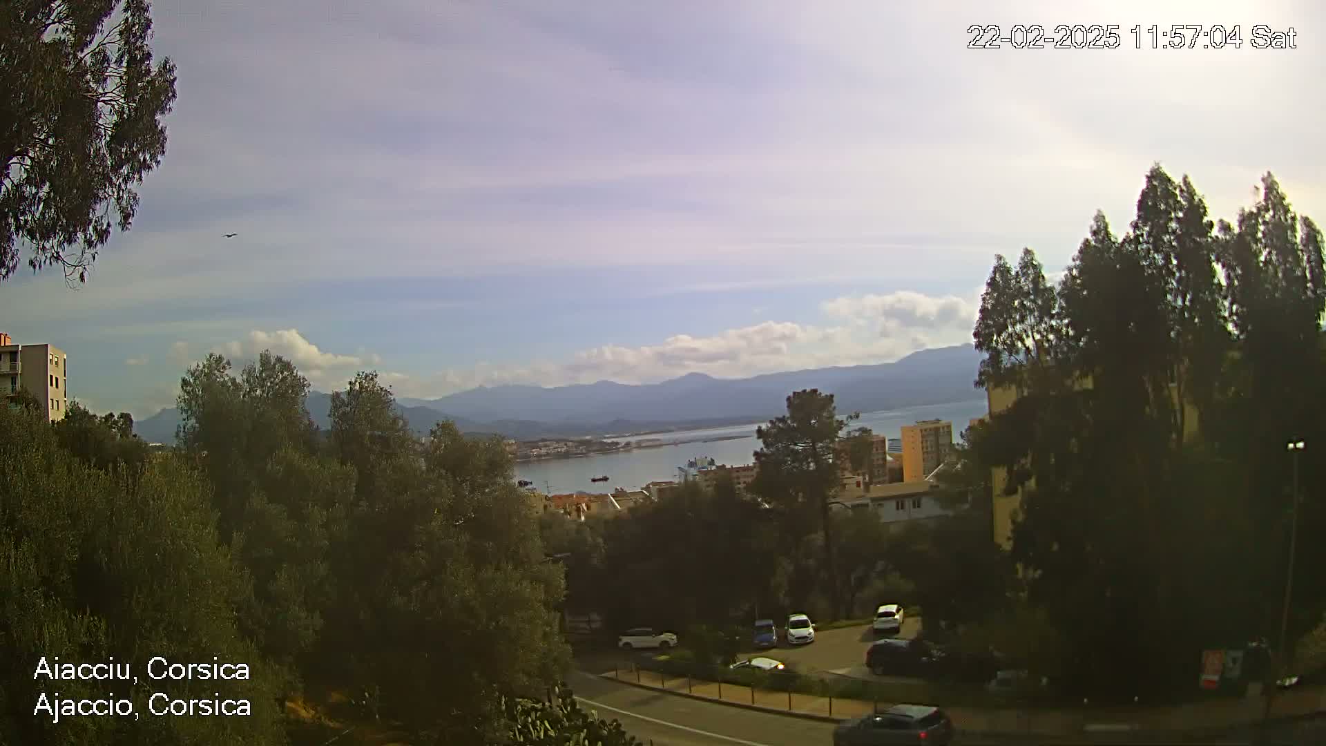 A partly cloudy day reveals a coastal city with a harbor, mountains in the distance, and a road winding through the trees.