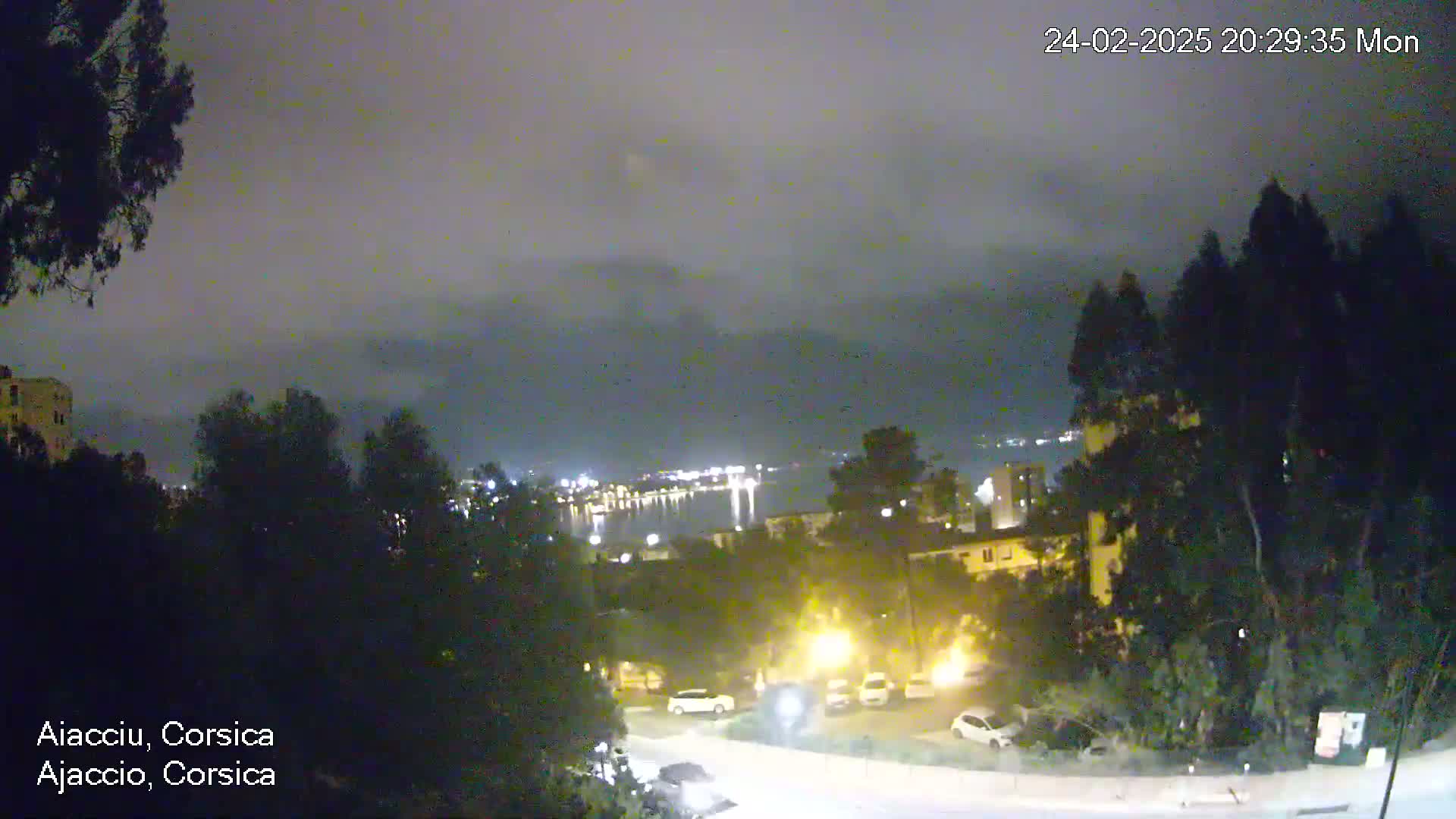 A nighttime view of a city by a body of water under a cloudy sky, with cars parked in a lot and trees surrounding the scene.