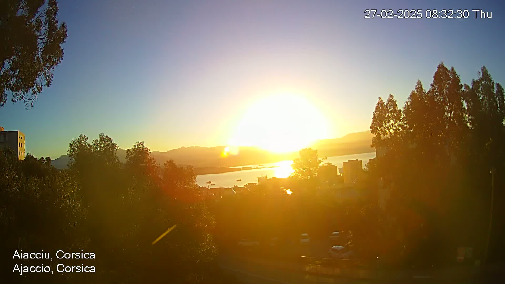 A bright sunrise over a calm body of water, illuminating buildings and trees in the foreground under a clear sky.